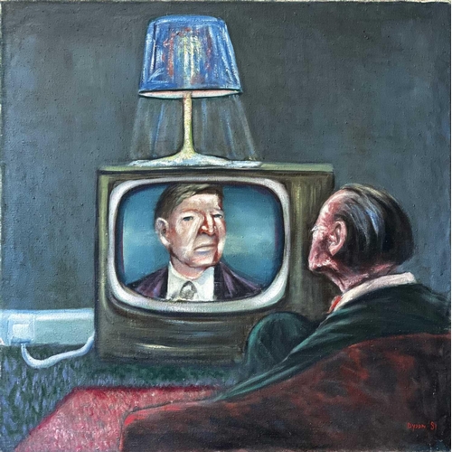 124 - Julian DYSON (1936-2003) Television Screen Oil on canvas, signed and dated '81, further signed and d... 