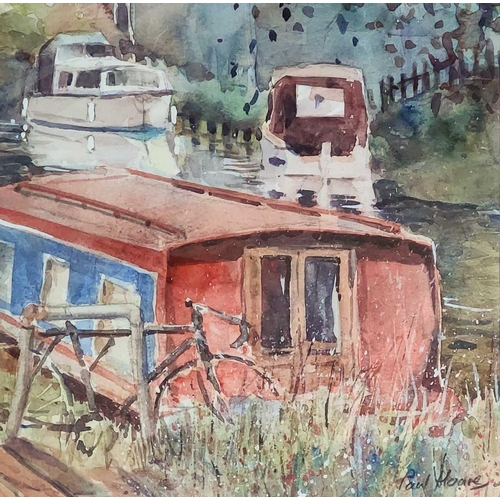 129 - Paul HOARE (XX-XXI) House Boat Watercolour, signed, 20 x 20cm.