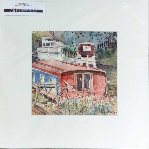 129 - Paul HOARE (XX-XXI) House Boat Watercolour, signed, 20 x 20cm.