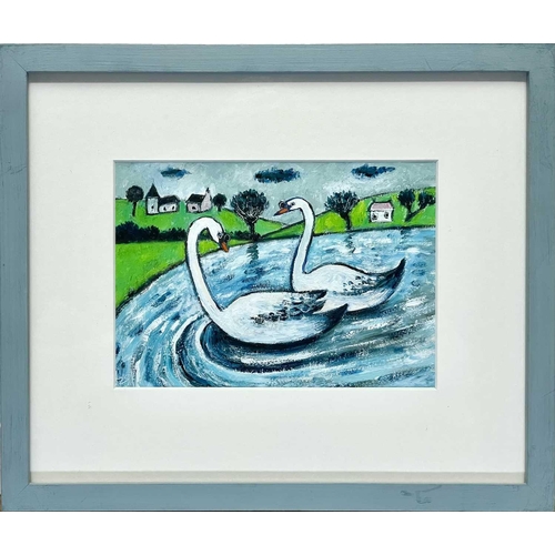 14 - Joan GILLCHREST (1918-2008) Two Swans Oil on board, initialed, 12 x 17cm. Frame size 24 x 29cm.