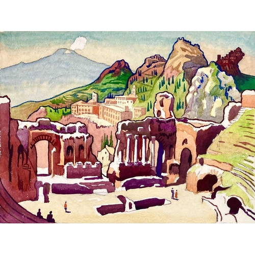 141 - Clare WHITE (1903-1997) Ancient Theatre of Taormina and smoking Etna Watercolour, 38.5 x 50.5cm.