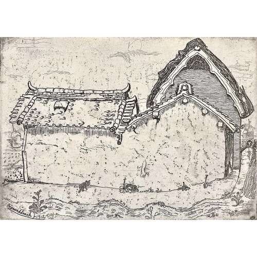 143 - Bernard Howell LEACH (1887-1979) Farmhouse in the Village of the Potter Kenkchi Tomimoto Etching, Po... 
