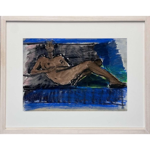 161 - John EMANUEL (1930) Reclining Nude on Blue Watercolour, 28 x 40cm. Frame size 45 x 57cm.