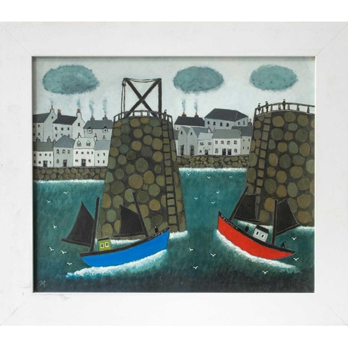 198 - Joan GILLCHREST (1918-2008) PZ6 and PZ13 entering Mousehole Harbour Oil on board, initialled, 48.5 x... 