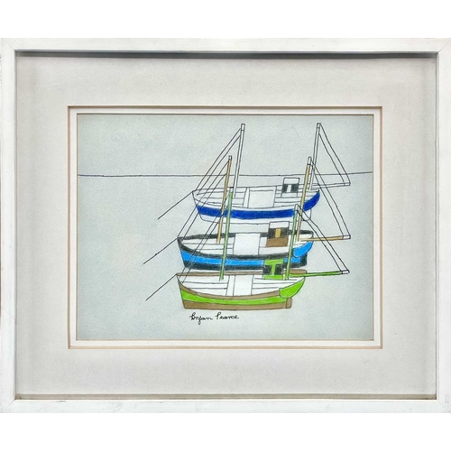 2 - Bryan PEARCE (1929-2006 Three Boats Conte crayon, signed, inscribed to verso to Grace from Bryan and... 
