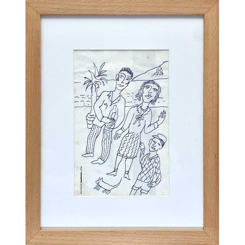 204 - Fred YATES(1922-2008) Family Walking on a Promenade Ink on paper, signed label to verso, 19.5 x 12.5... 