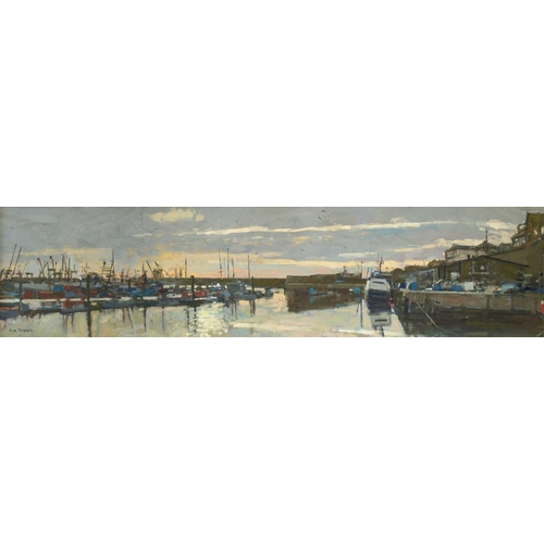 255 - Ken HOWARD (1932-2022) Newlyn Harbour Oil on canvas, signed, 29 x 120cm. Frame size 41 x 132cm. This... 