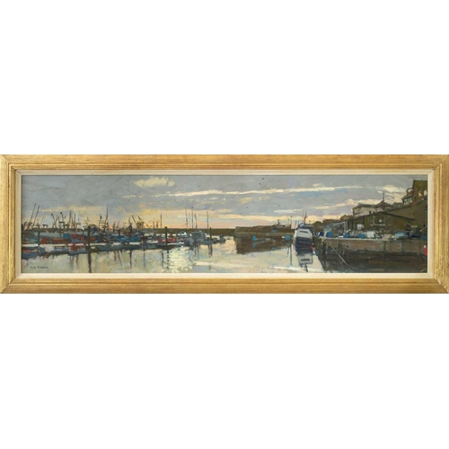 255 - Ken HOWARD (1932-2022) Newlyn Harbour Oil on canvas, signed, 29 x 120cm. Frame size 41 x 132cm. This... 