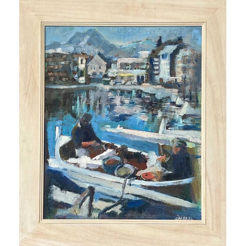 278 - Betty O'NEILL Sorting the Catch Oil on board, signed, 54 x 44cm. Frame size 68.5 x 58.5cm. This oil ... 