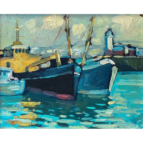 5 - Bob VIGG (1932-2001) Boats in Newlyn Harbour Oil on board, signed to verso, 19 x 24.5cm. Frame size ... 