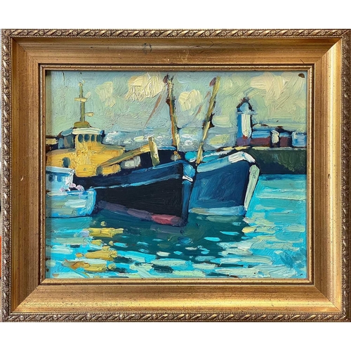 5 - Bob VIGG (1932-2001) Boats in Newlyn Harbour Oil on board, signed to verso, 19 x 24.5cm. Frame size ... 