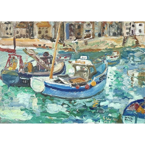 62 - Linda Mary WEIR (1951) St Ives Harbour and Fisherman Oil on board, initialed and dated '03, inscirbe... 