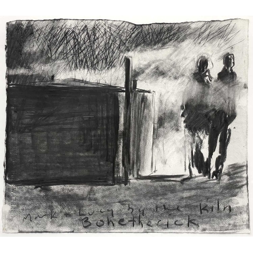 63 - Kurt JACKSON (1961) Mark & Lucy by the Kiln, Bohetherick (2000) Charcoal on paper, signed, inscribed... 