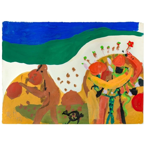 73 - Roger HILTON (1911-1975) Figures in a Landscape Gouache on paper, initialled and dated '73, 28 x 38c... 