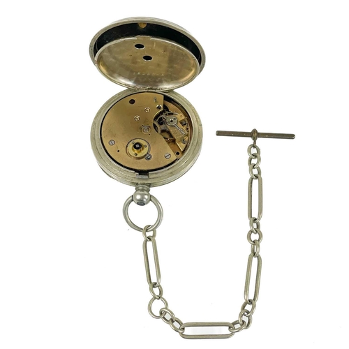 60 - Three pocket watches and an 8-day travel watch for spares. One nickel cased pocket watch with dial s... 