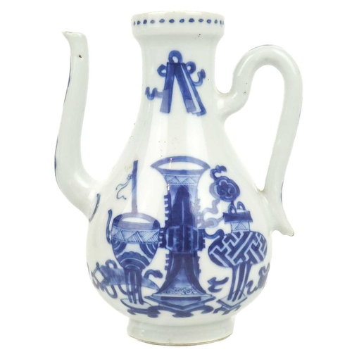 1002 - A Chinese blue and white water jug, Kangxi (1662-1722). Decorated with precious objects and a panel ... 