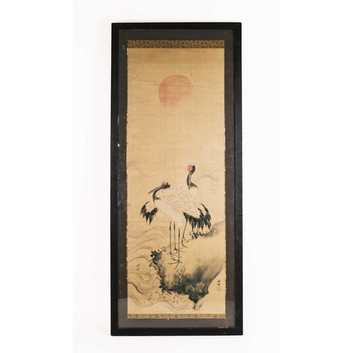 1010 - A Japanese watercolour of two cranes, signed Sessai, 19th century. Shijo School, paper label to reve... 