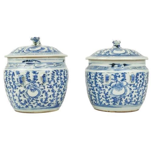 1011 - Two similar Chinese blue and white porcelain pots and covers. Mid 20th century, decorated with flowe... 