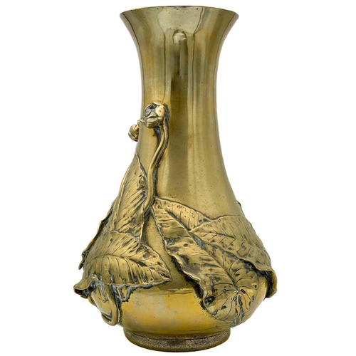 1012 - A Japanese polished bronze vase, Meiji period. The body decorated with flowers and large leaves, sig... 