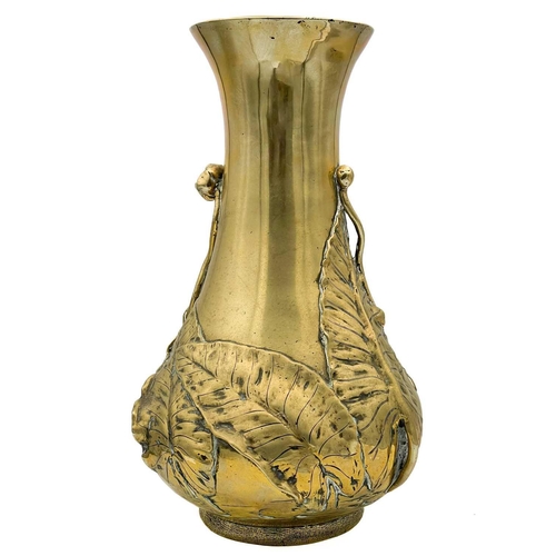 1012 - A Japanese polished bronze vase, Meiji period. The body decorated with flowers and large leaves, sig... 