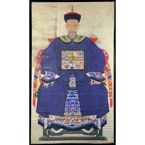 1054 - A large pair of Chinese ancestor portrait paintings, 19th century. The seated male figure wearing a ... 