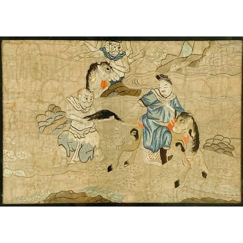 1066 - A Chinese silk embroidered picture, 19th century. The landscape scene depicting figures on horseback... 