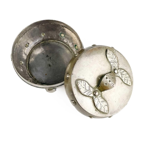 1072 - A Chinese silver set of four graduated circular boxes. The lids with loop strap handles, the boxes w... 