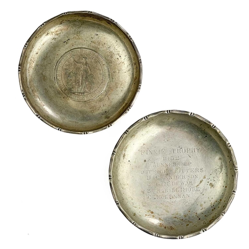 1074 - Two Chinese silver pin dishes, one set with a 1900 One Dollar coin. Both with cast faux bamboo rims,... 