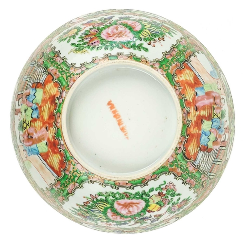 1107 - A Chinese Canton porcelain bowl, 20th century. The alternating panels enclosing figures in an interi... 