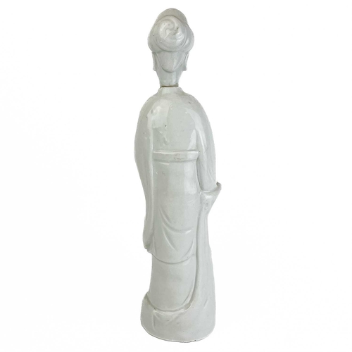 1112 - A Chinese blanc de chine figure of Guanyin, 18th/19th century. Stood holding a child in her arms, he... 