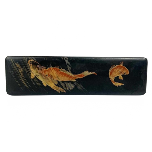 1119 - A Japanese black lacquer rectangular box, circa 1900. The cover with three gilt decorated fish, heig... 