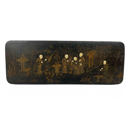 1119 - A Japanese black lacquer rectangular box, circa 1900. The cover with three gilt decorated fish, heig... 