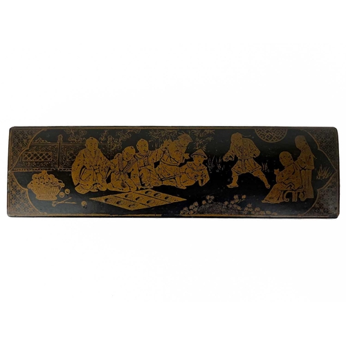 1119 - A Japanese black lacquer rectangular box, circa 1900. The cover with three gilt decorated fish, heig... 