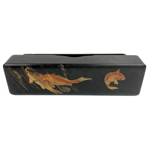 1119 - A Japanese black lacquer rectangular box, circa 1900. The cover with three gilt decorated fish, heig... 