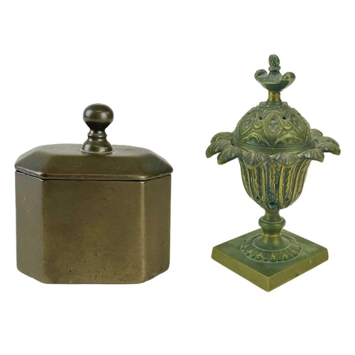 11 - A Regency bronze pastille burner and cover. Of foliate shape, on a square base, height 12cm, togethe... 