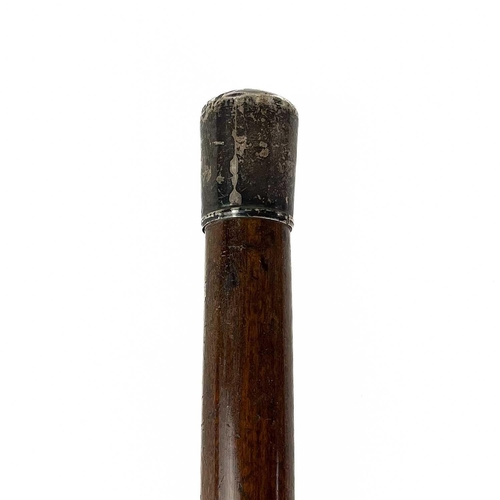 110 - A silver top tropical hardwood walking cane. Indistinct hallmarks, together with an ebonised walking... 