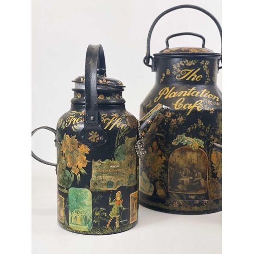 111 - A small milk churn with applied scrapbook and painted embellishments. Height 47cm, together with two... 