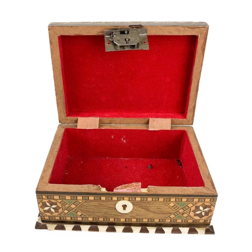 122 - An Art Deco oak inlaid box with geometric designs. Height 14cm width 31.5cm depth 21.5cm, together w... 