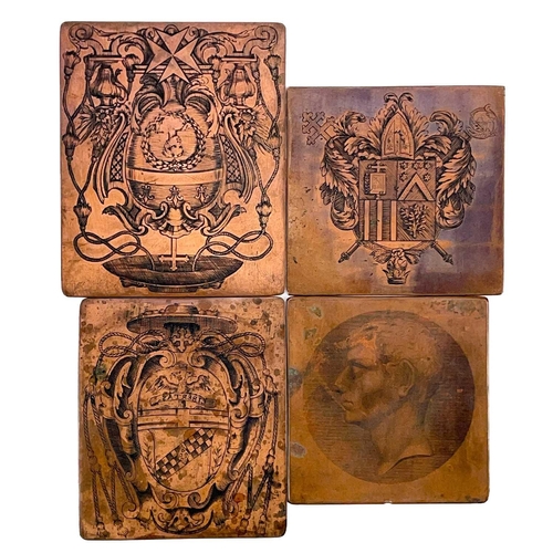 130 - Three etched copper plates with armorial bearings. Largest 9.2cm x 7.5cm, together with another etch... 