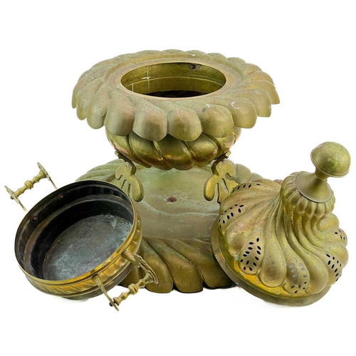 157 - A large Turkish brass brazier mangal. Twin handled, of circular form, Height 65cm.