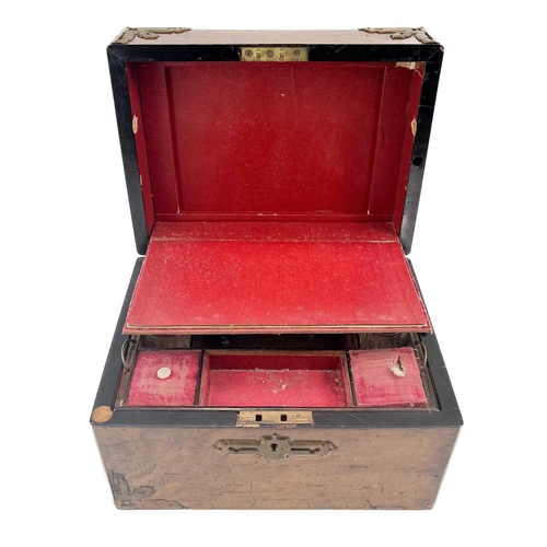 177 - A Victorian rosewood and brass bound travelling toilet box. The hinged lift top encloses a lift out ... 