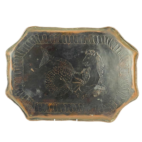 182 - An Arts and Crafts copper tray probably Eustace of Hayle. With repousse and chased decoration of pom... 