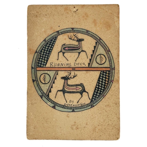 188 - Running Deer, Chief Okenonton (1886-1955) A pen and ink design for a shield or drum skin, image 10cm... 