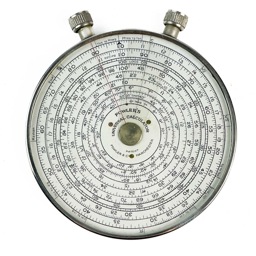 192 - A Fowler's patent universal calculator. In a circular chrome case, 8.5cm, with original leatherette ... 