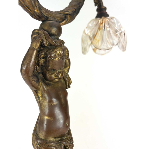 199 - A 19th century gilt bronze and marble twin branch table lamp. Cast as a putto supporting two acanthu... 