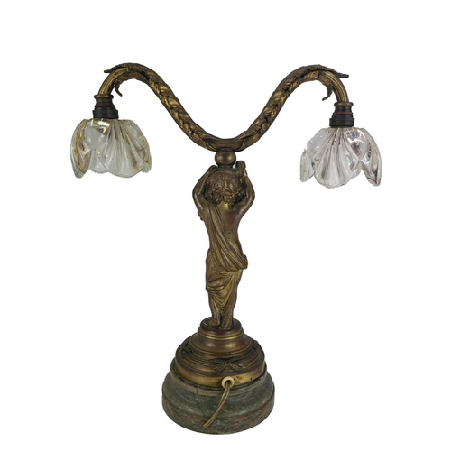 199 - A 19th century gilt bronze and marble twin branch table lamp. Cast as a putto supporting two acanthu... 