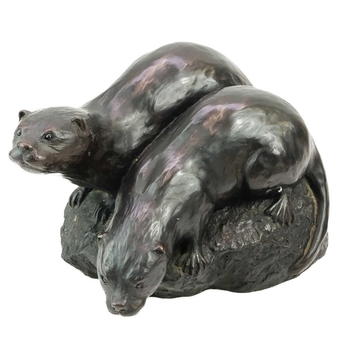 206 - A Peter Close cold cast bronze otter group. Signed to base, height 16cm length 26cm. together with a... 