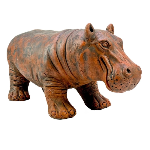 214 - A sculpture of a hippo cast in terracotta. Height 23cm, length 51cm.