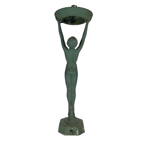 223 - An Art Deco cast metal figural table lamp. Modelled as a female nude, Applied Arts British Made make... 