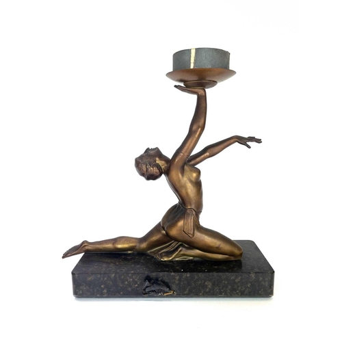 224 - An Art Deco gilt spelter figural table lamp. Modelled as a female dancer on an onyx base, height 35c... 